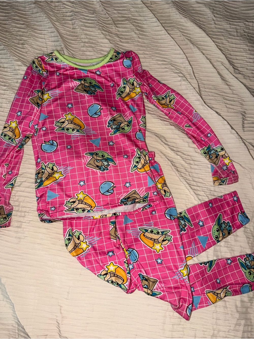 Star Wars Pink Grogu Grid Kids Pajama Set with Neon Trim